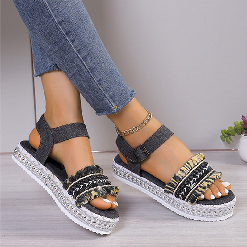 Fashion Tassel Denim Sandals With Thick-soled Flat Heel