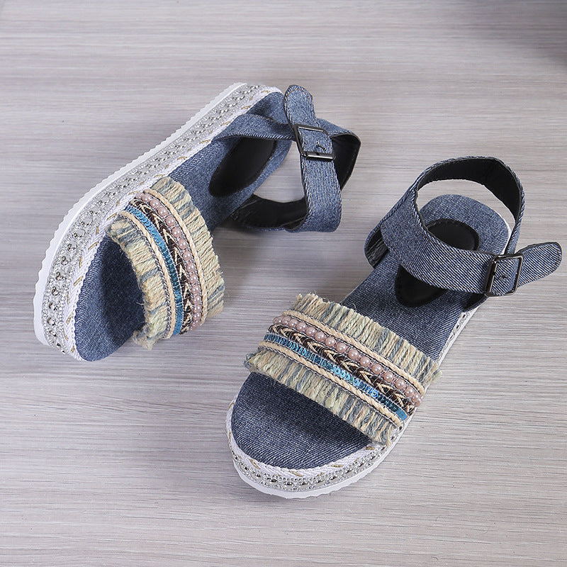 Fashion Tassel Denim Sandals With Thick-soled Flat Heel