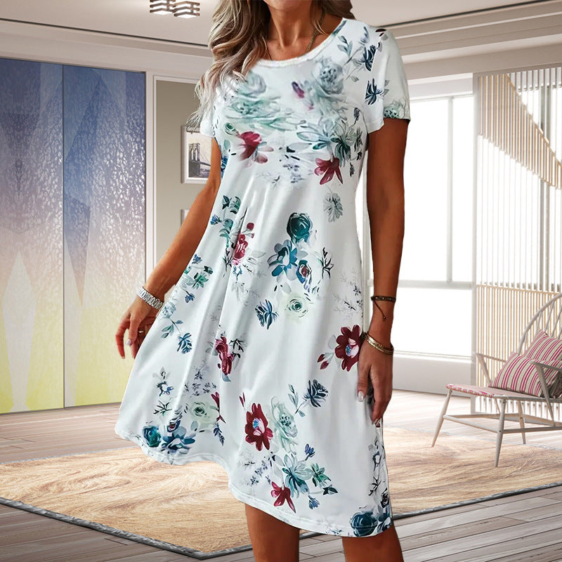 Women's Summer Fashion Casual Round Neck Loose Printed Short Sleeve Dress