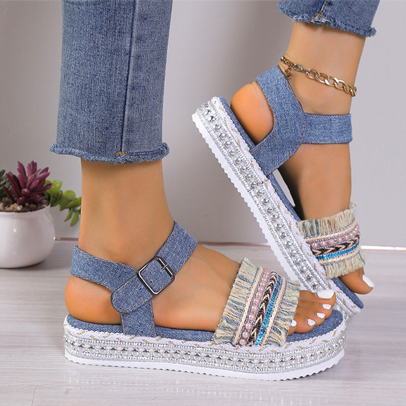 Fashion Tassel Denim Sandals With Thick-soled Flat Heel