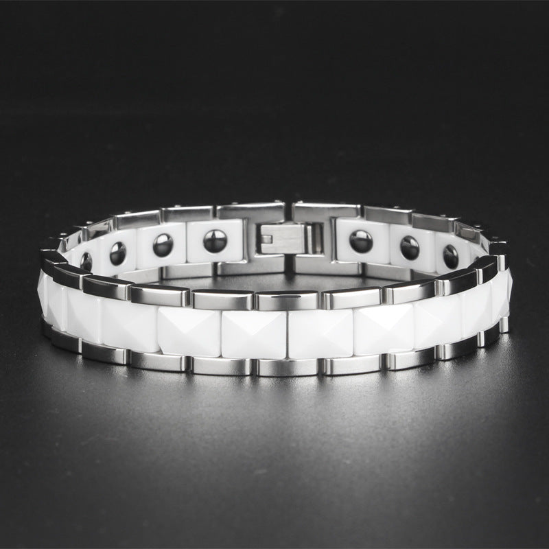 Ceramic and Stainless Steel Magnetic Bracelet for Boys Black and White Ceramic Bracelet