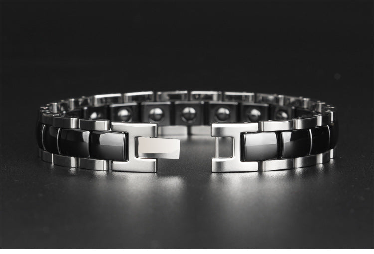 Ceramic and Stainless Steel Magnetic Bracelet for Boys Black and White Ceramic Bracelet