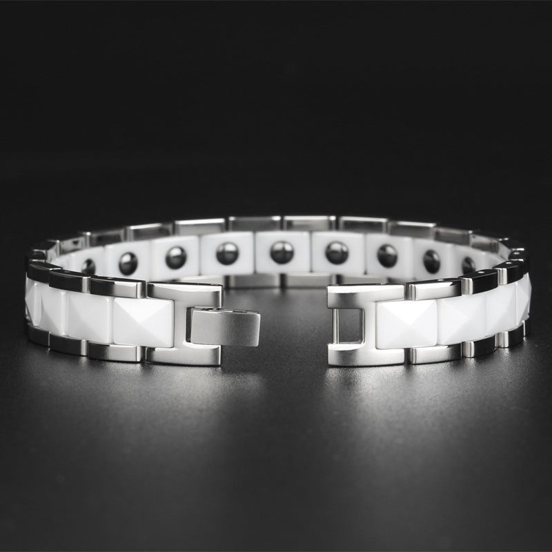 Ceramic and Stainless Steel Magnetic Bracelet for Boys Black and White Ceramic Bracelet