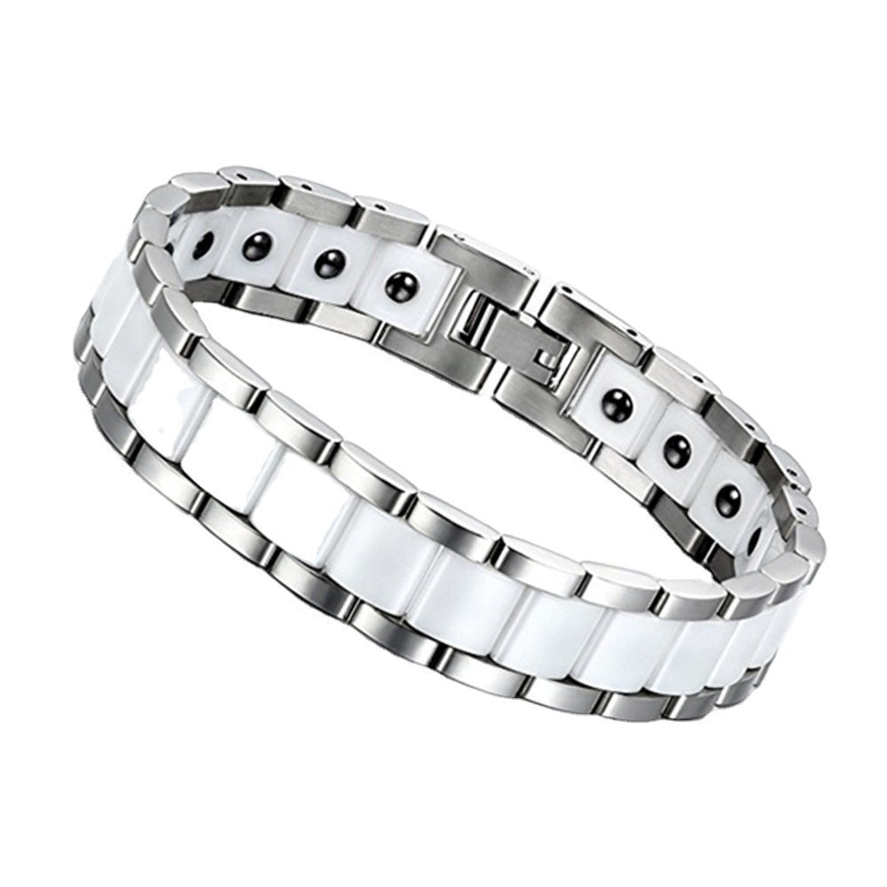 Ceramic and Stainless Steel Magnetic Bracelet for Boys Black and White Ceramic Bracelet