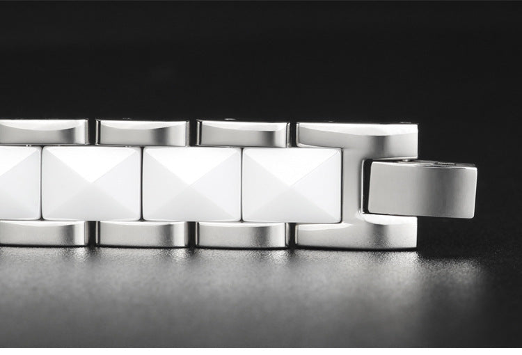 Ceramic and Stainless Steel Magnetic Bracelet for Boys Black and White Ceramic Bracelet