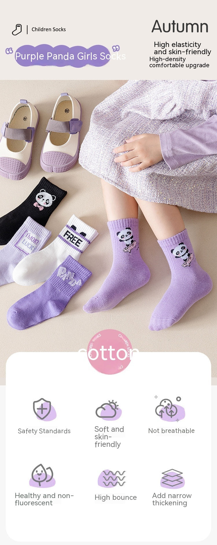 Autumn And Winter Purple Panda Cartoon Mid Tube Cotton Socks