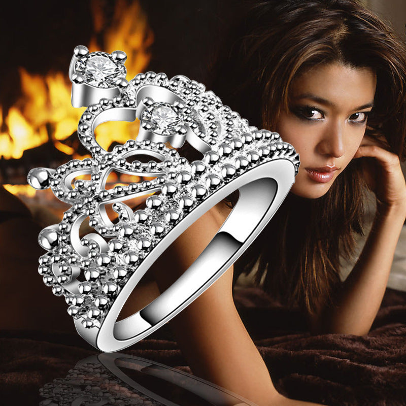 Special Silver Crown Plated Sparkling Woman Crystal Crown Ring