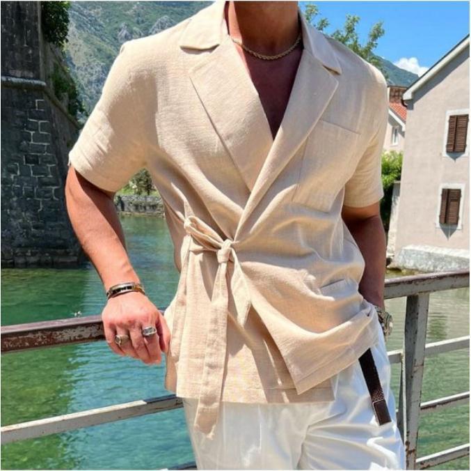 Summer Men's Solid Color Cotton And Linen Suit Lapel Tied Short Sleeve Shirt