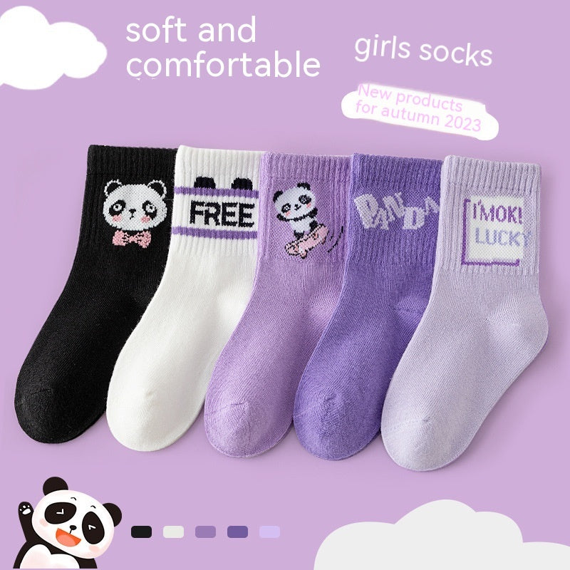 Autumn And Winter Purple Panda Cartoon Mid Tube Cotton Socks