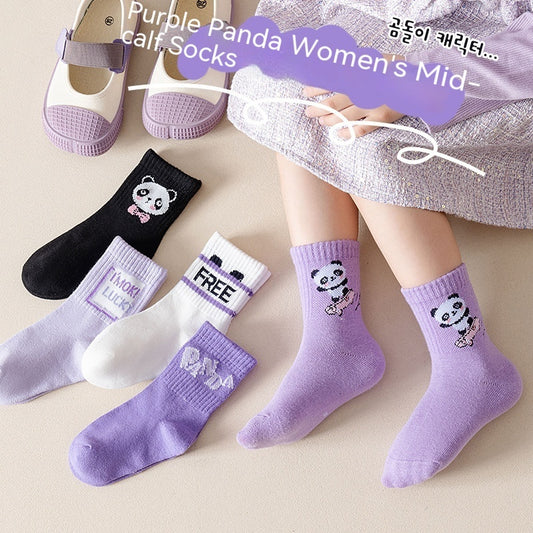 Autumn And Winter Purple Panda Cartoon Mid Tube Cotton Socks