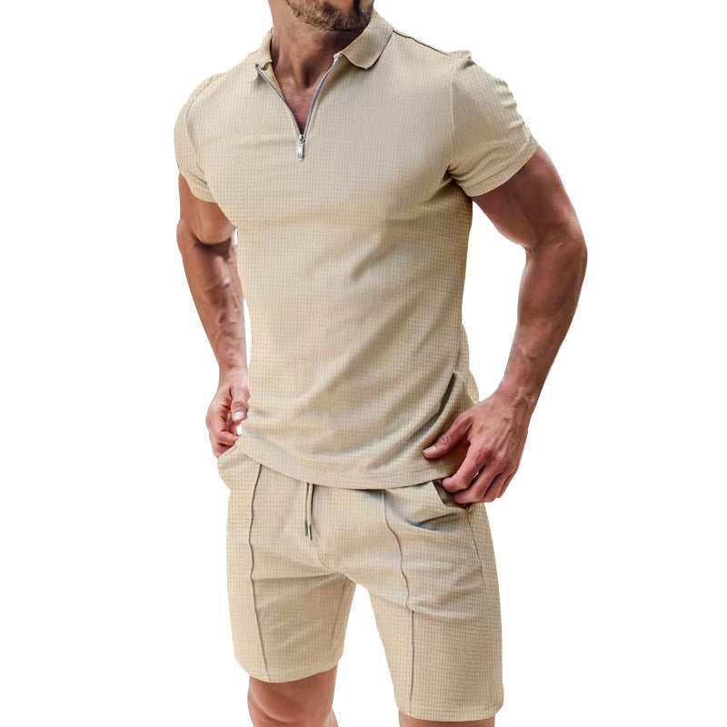 Casual Waffle Suit Summer Zipper Lapel Short-sleeved