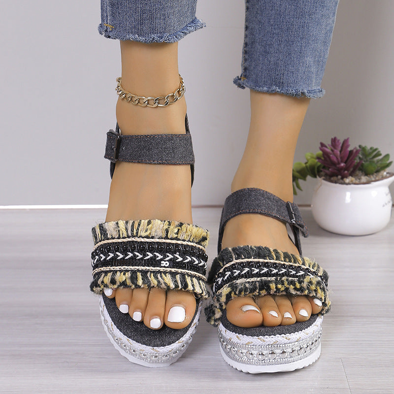 Fashion Tassel Denim Sandals With Thick-soled Flat Heel