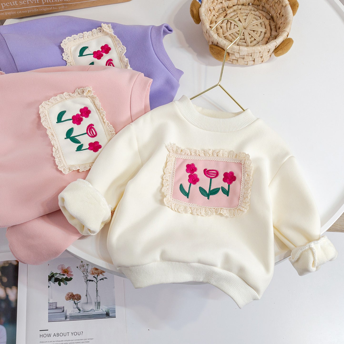 Girls' Fashion Cute Floral Padded Sweater Tops