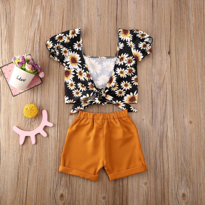 Baby Girls Floral Lace Up Crop Tops+Shorts Pants