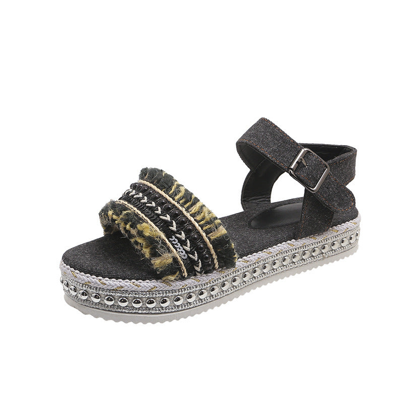 Fashion Tassel Denim Sandals With Thick-soled Flat Heel