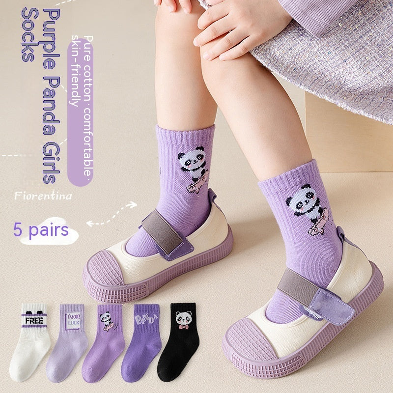 Autumn And Winter Purple Panda Cartoon Mid Tube Cotton Socks