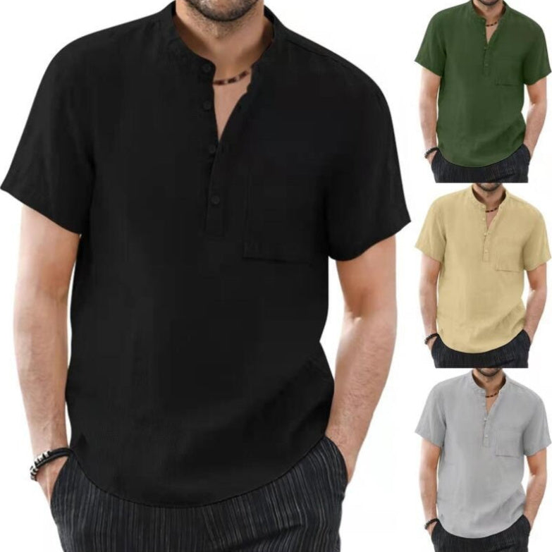 Men's Trendy Stand Collar Cotton Linen Short Sleeve