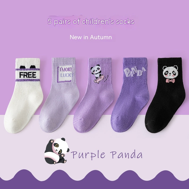 Autumn And Winter Purple Panda Cartoon Mid Tube Cotton Socks