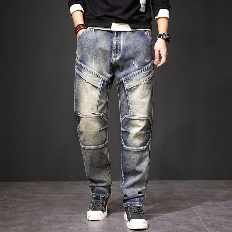 Men's Multi Pocket Workwear Distressed Yellow Jeans