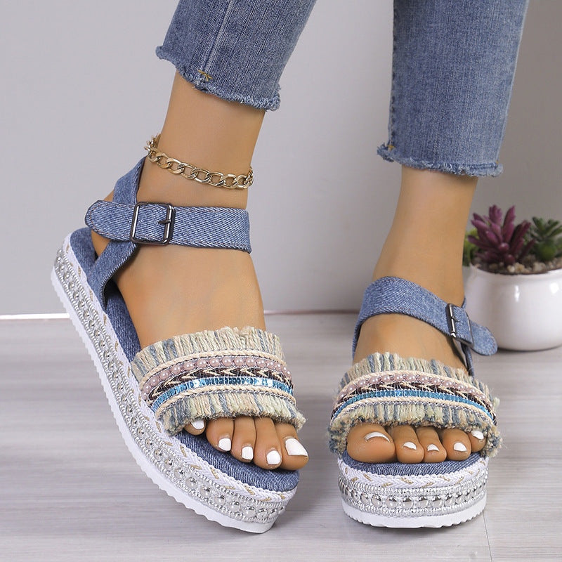 Fashion Tassel Denim Sandals With Thick-soled Flat Heel