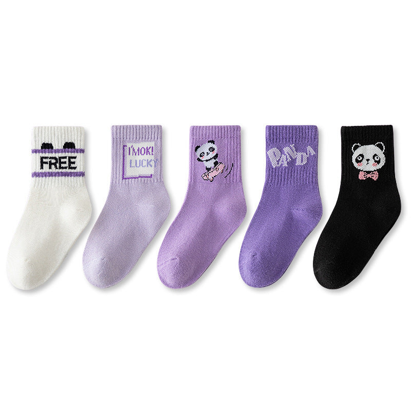 Autumn And Winter Purple Panda Cartoon Mid Tube Cotton Socks