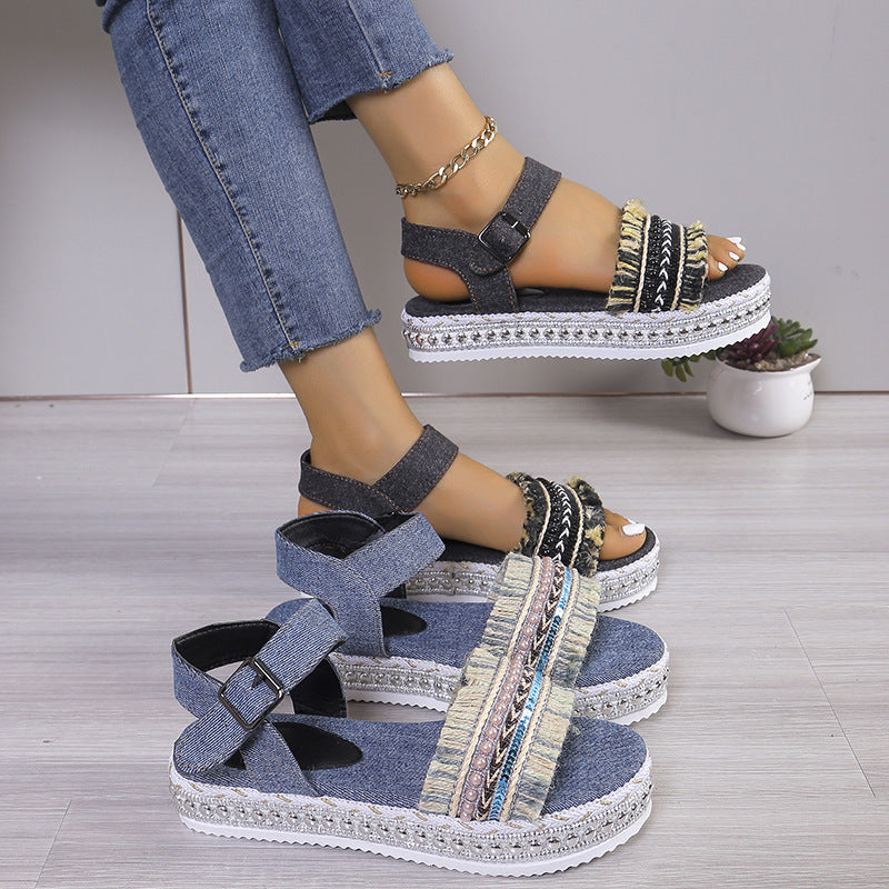 Fashion Tassel Denim Sandals With Thick-soled Flat Heel