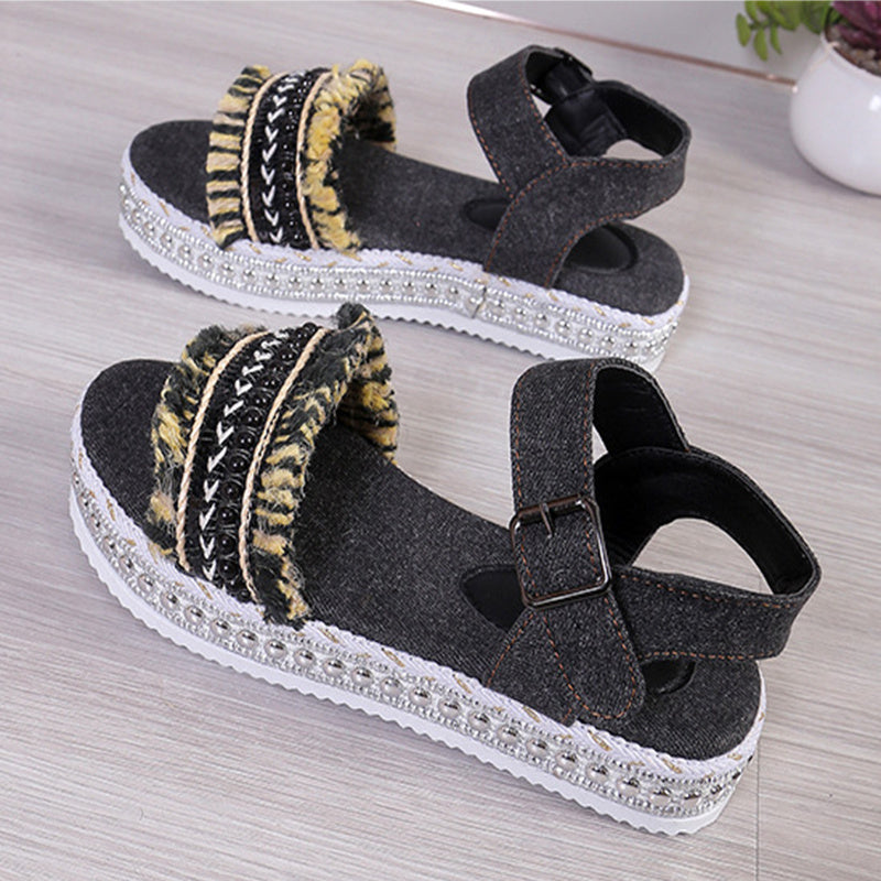 Fashion Tassel Denim Sandals With Thick-soled Flat Heel