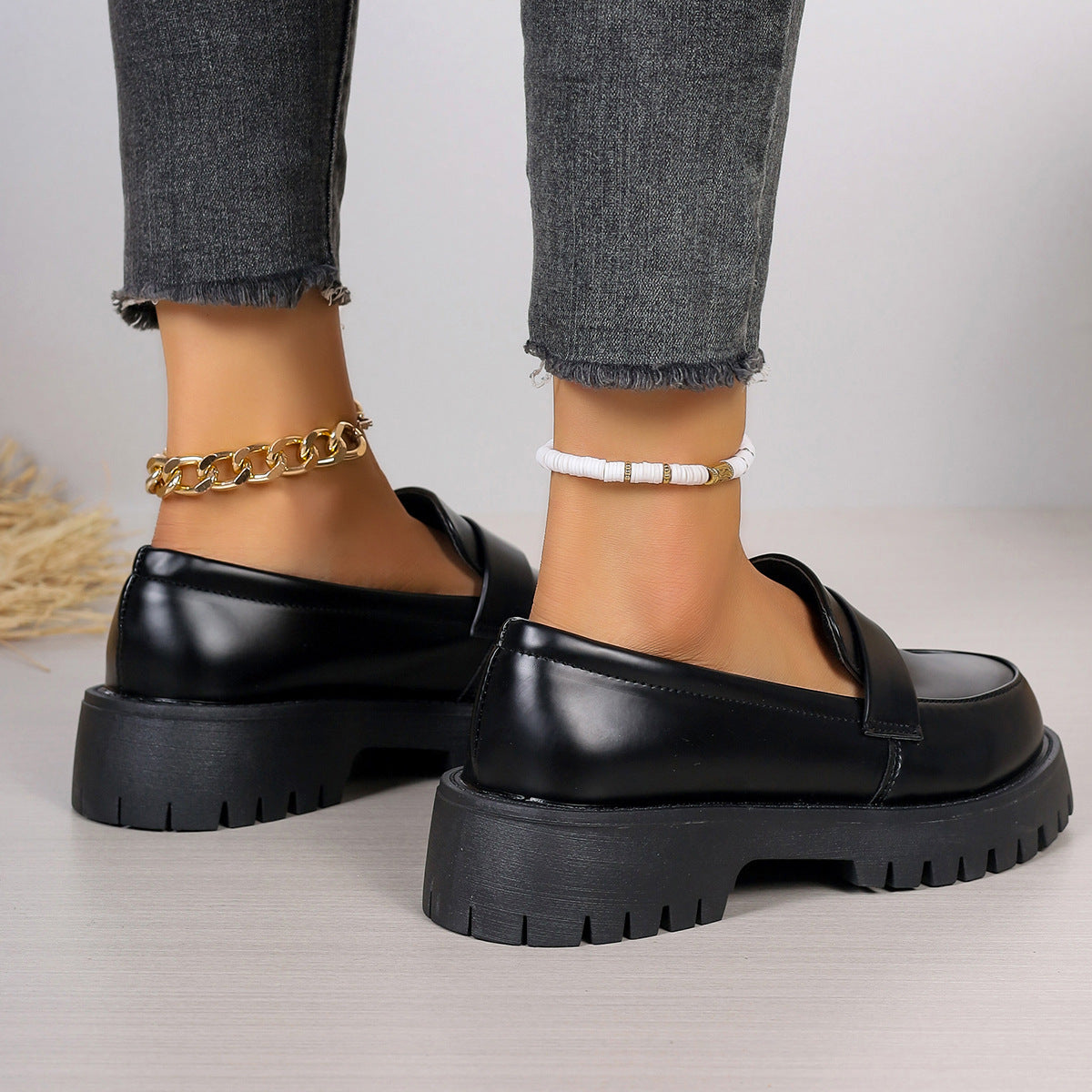 Black British Style Loafers Platform Shoes