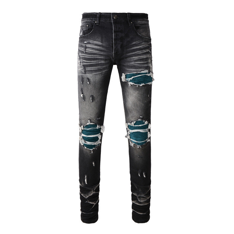 Leisure Washed-out Make Old Ripped Patch Button Jeans