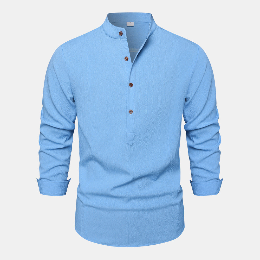 Autumn Solid Color Stand Collar Casual Long Sleeve Cotton And Linen Men's Shirt