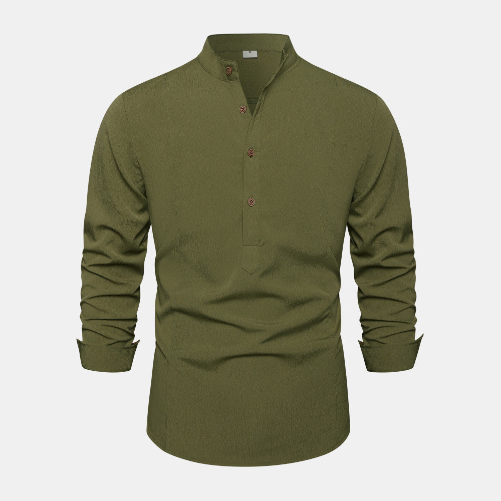 Autumn Solid Color Stand Collar Casual Long Sleeve Cotton And Linen Men's Shirt