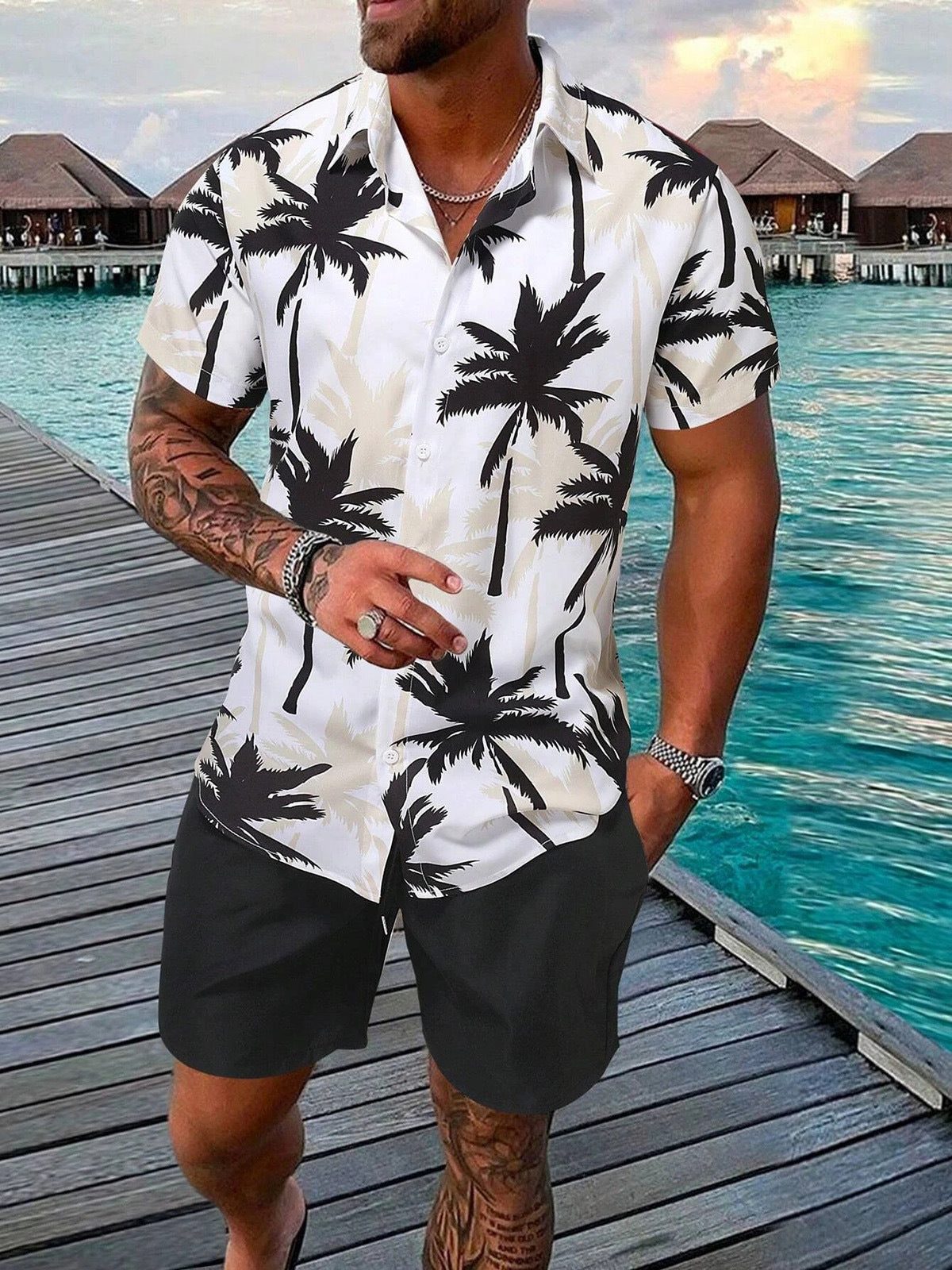 Men's 3D Printed Short-sleeved Shirt Beach Pants Suit