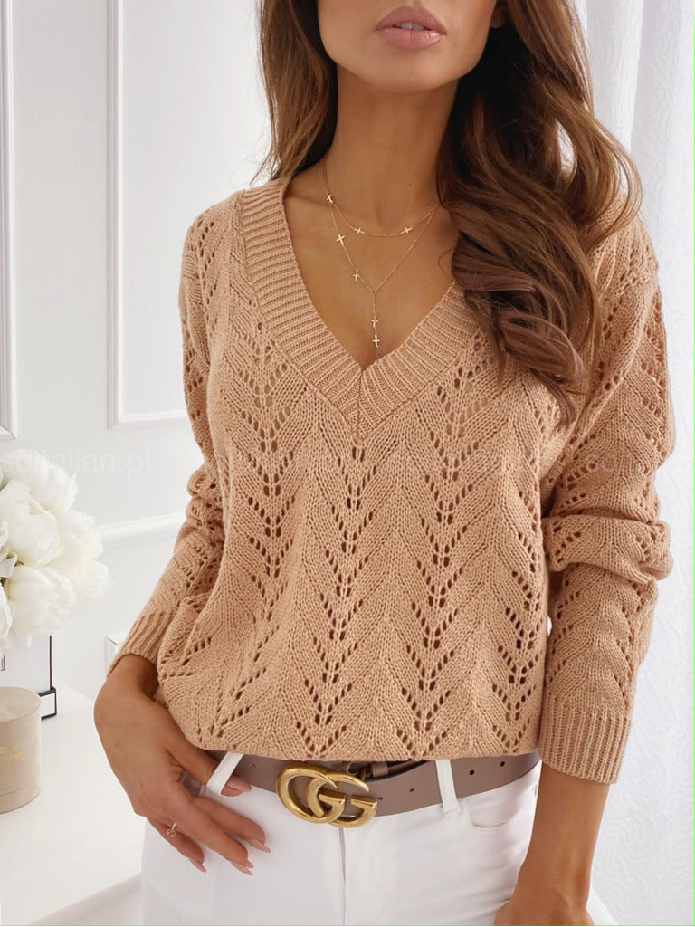 European And American Style Solid Color Mocha V-neck Knitwear Sweater