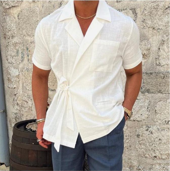 Summer Men's Solid Color Cotton And Linen Suit Lapel Tied Short Sleeve Shirt