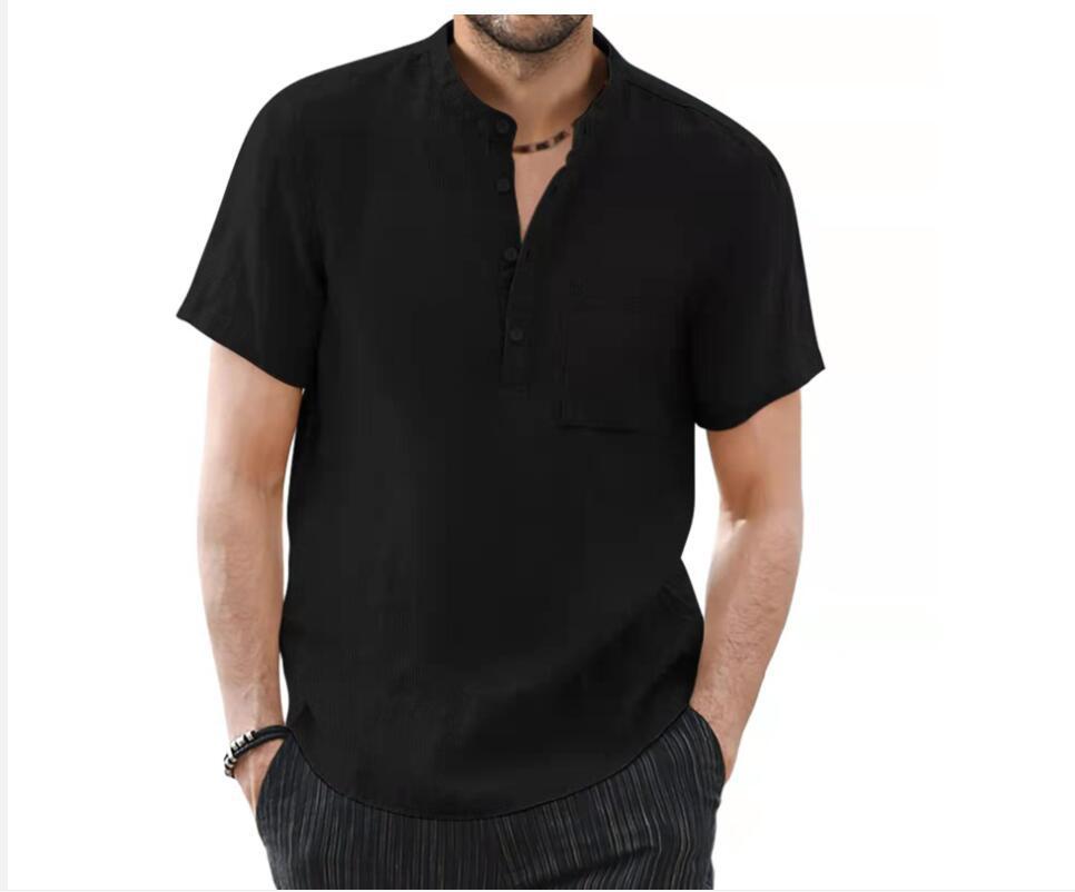 Men's Trendy Stand Collar Cotton Linen Short Sleeve