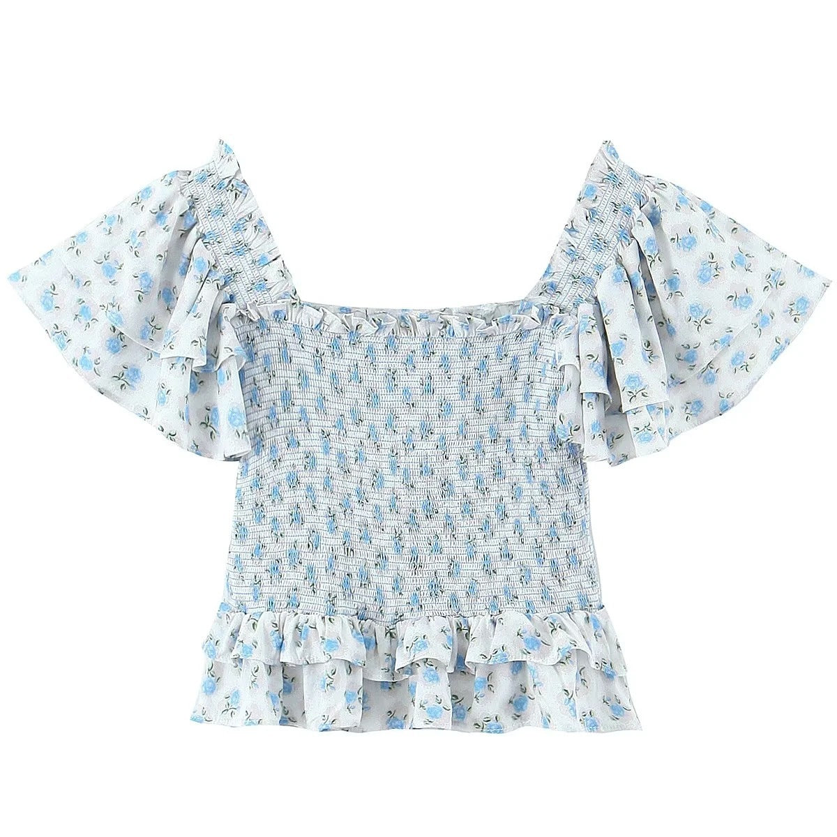 Flounced Sleeve Ruffled Blue Floral Elastic Top And Skirt Suit