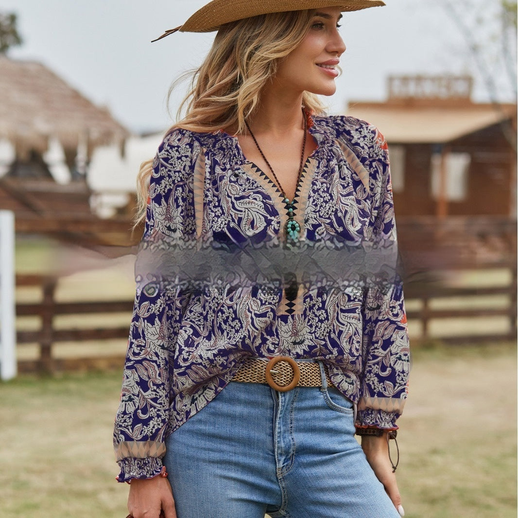 Women's Bohemian Print Flare Sleeve Shirt