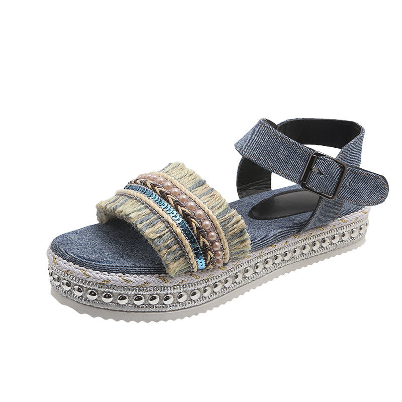 Fashion Tassel Denim Sandals With Thick-soled Flat Heel