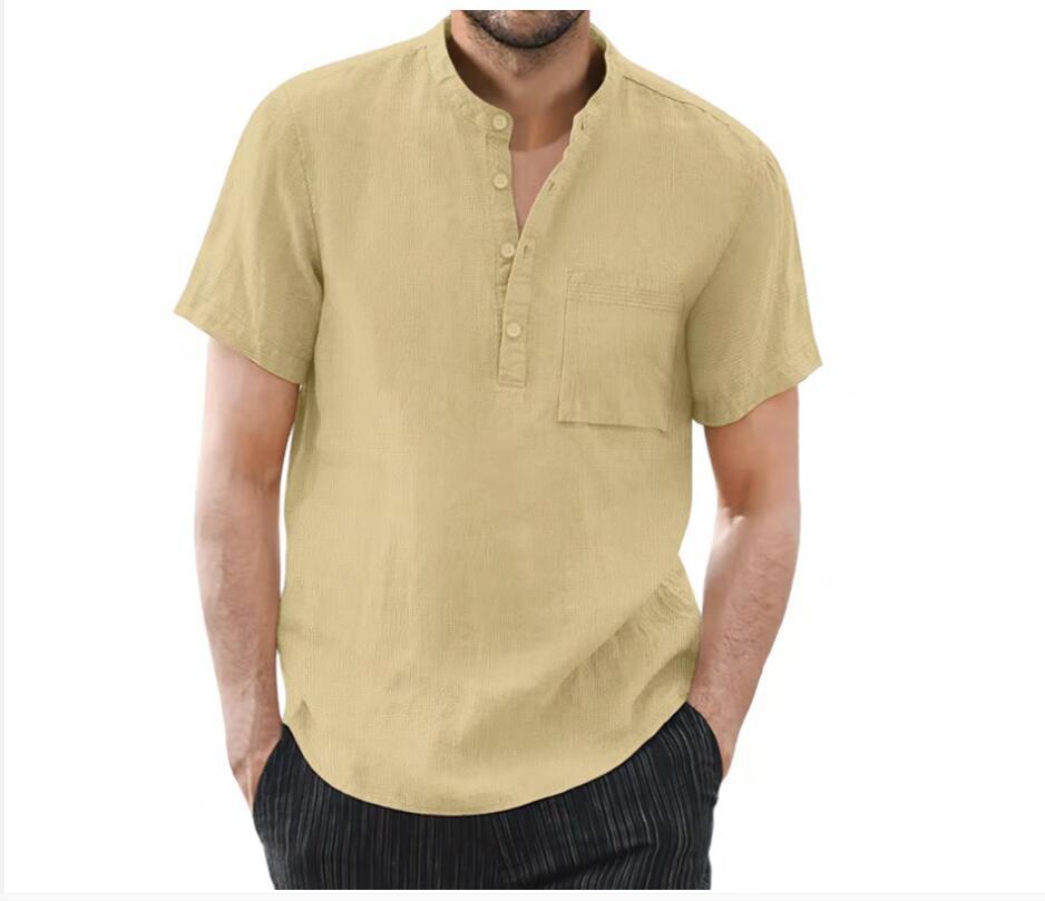 Men's Trendy Stand Collar Cotton Linen Short Sleeve