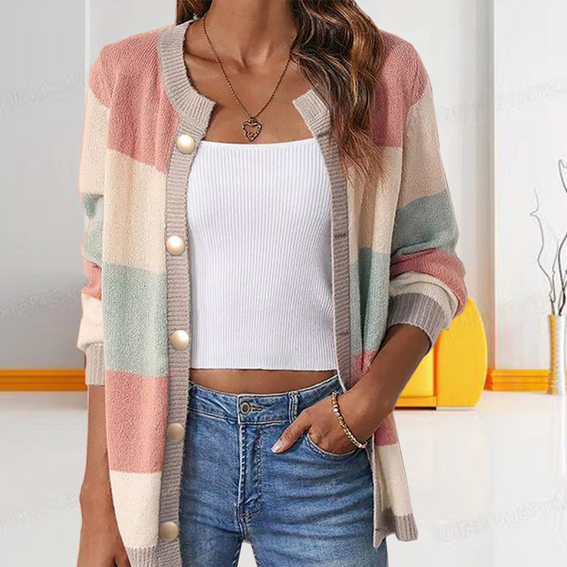 Women's Color Matching Temperament Crew Neck Loose Sweater Coat