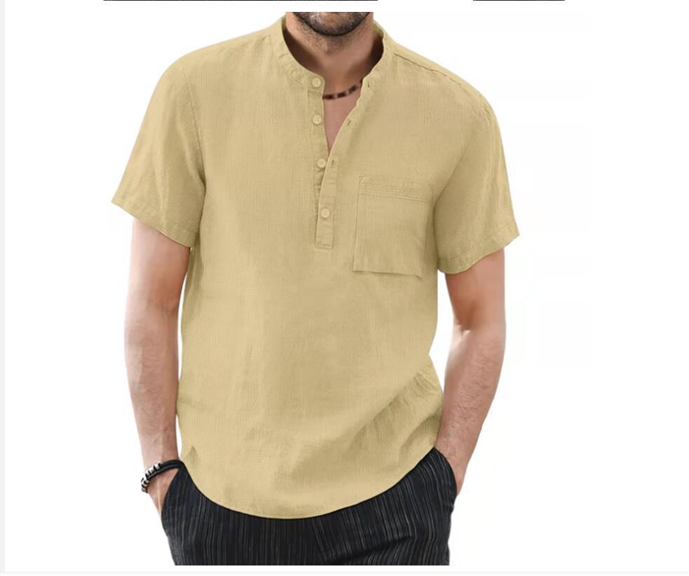 Men's Trendy Stand Collar Cotton Linen Short Sleeve